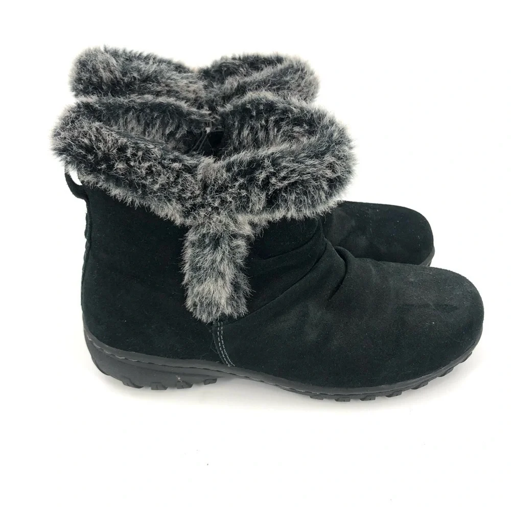 Khombu Size 7 Lisa Boots All Weather Black Suede Leather Faux Fur Trim Outdoor